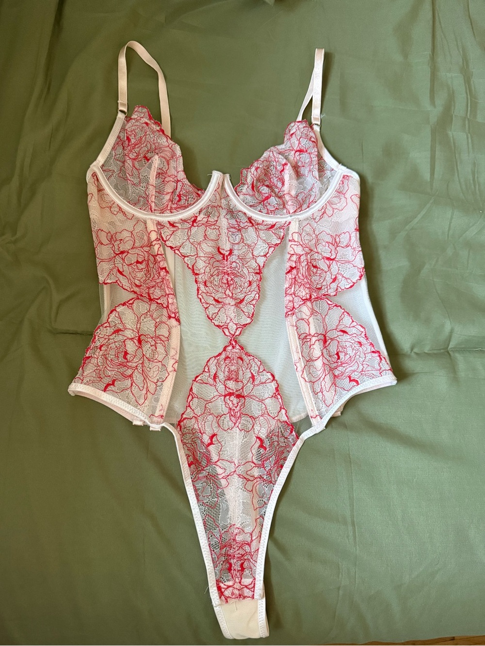 Savagexfenty Sheer underwire Lace Bodysuit with red Floral Embroidery